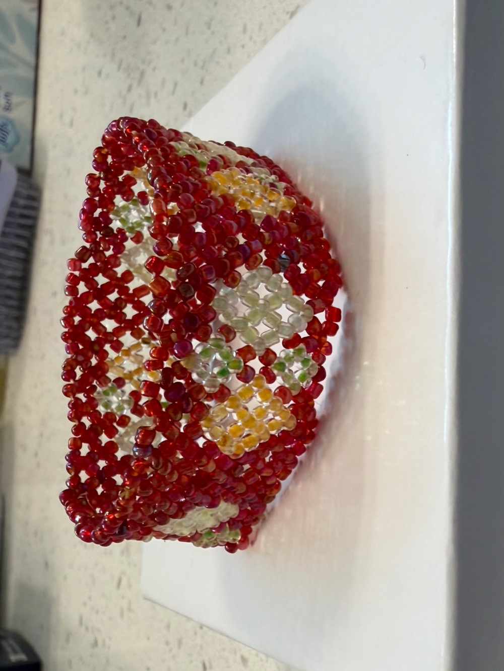 Handmade Red Beaded Women's Bracelet with Yellow & White Floral Accents
